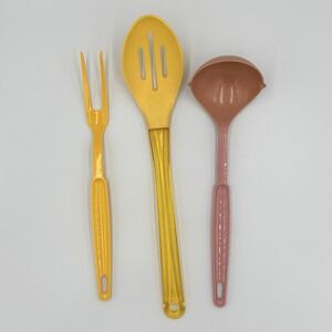 VTG Ekco USA Plastic Utensil Set Fork Slotted Spoon Ladle Yellow Pink Retro
